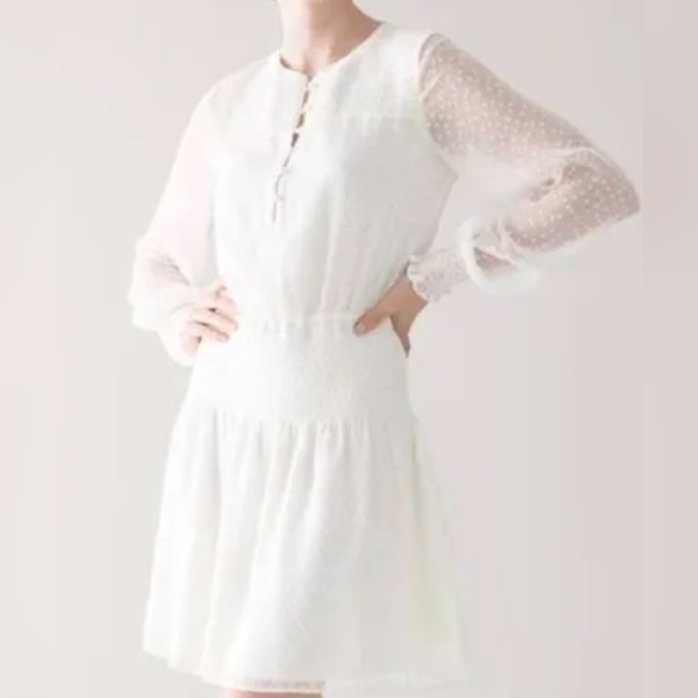 White House Black Market Creamy Sheer Long Sleeve White Blouson Dress
